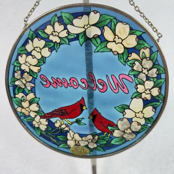 Amia Studios Stained Glass Suncatcher Cardinals “Welcome"  Window Hanging 6.5” - Picture 6 of 8